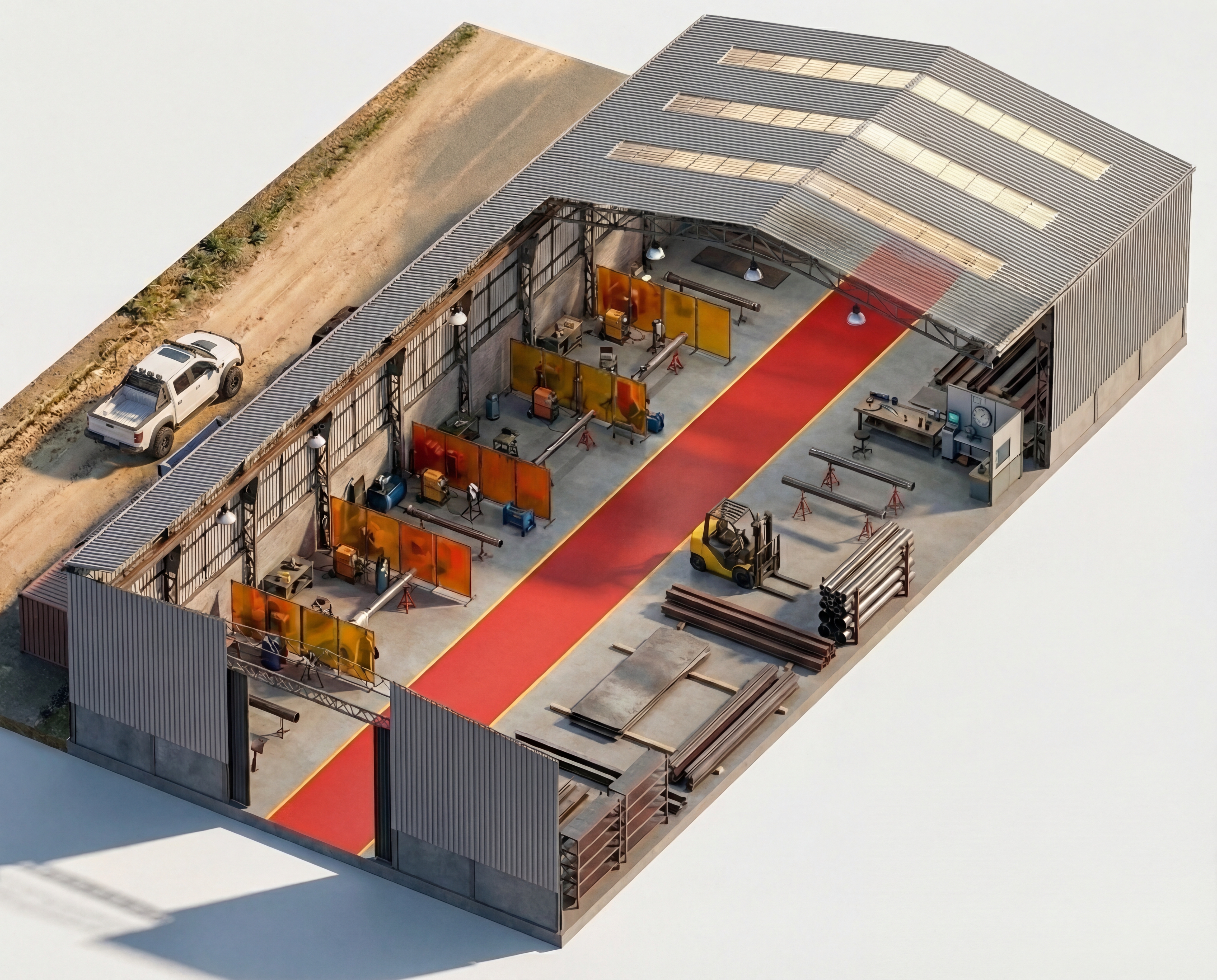 Maqueta isométrica de la planta de Kronos Mining en Lampa: estaciones de soldadura, zonas de trabajo y almacenamiento de materiales