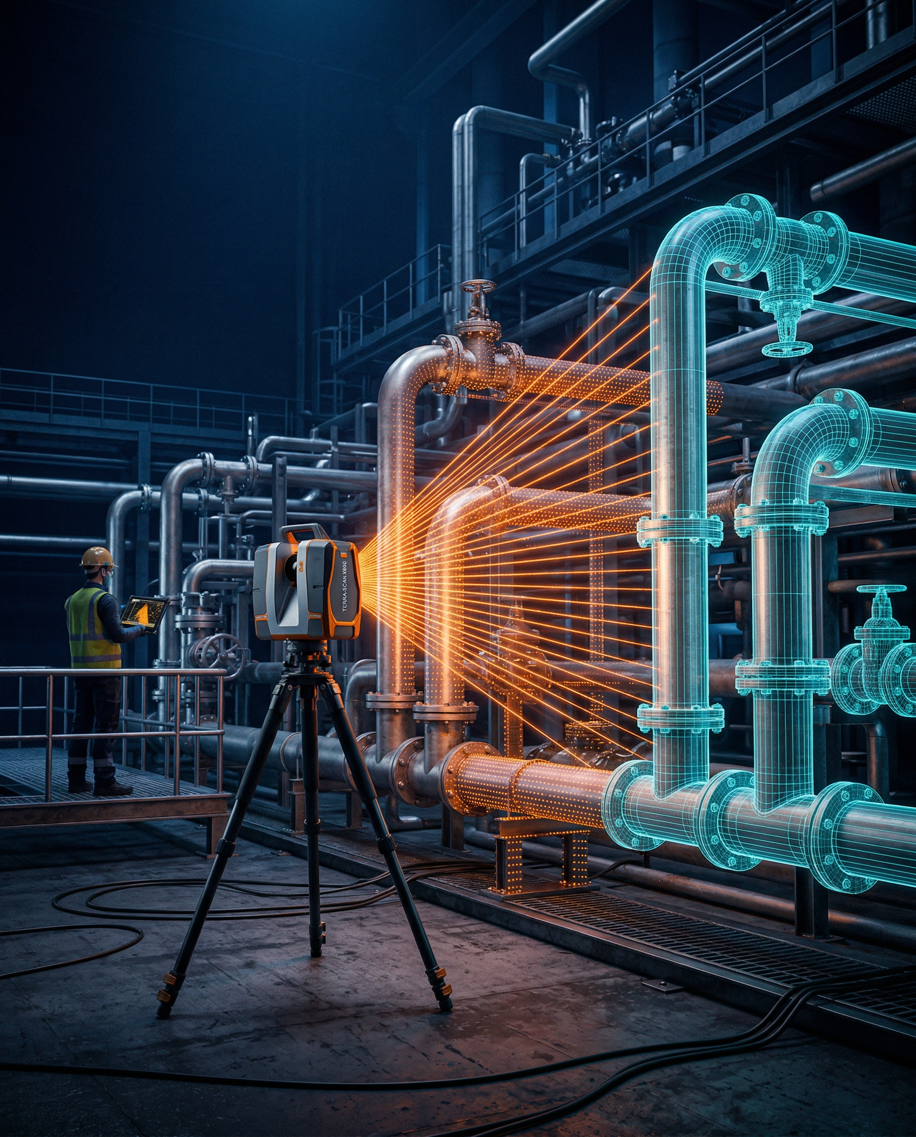 Escaneo láser LiDAR generando nube de puntos 3D sobre instalación de piping industrial